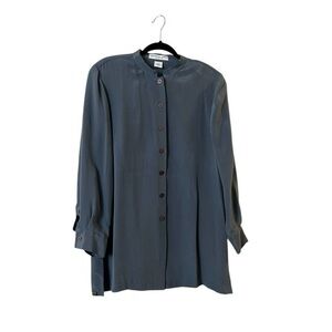 Josephine Chaus Collection Silk Mandarin Collar Slate Blue Long Tunic Blouse 14